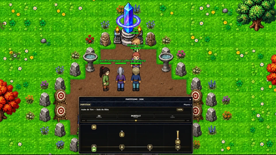 XALDIA’s music and rhythm minigame beside a crystal.
