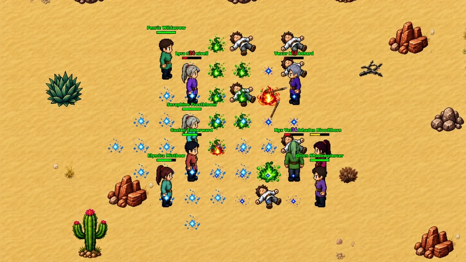 A multiplayer battle with elemental spell effects in XALDIA’s desert.
